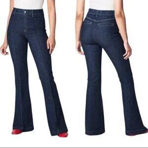 SPANX  Pintuck Seamed Leg Flare Jeans in Raw Indigo Size LARGE PETITE